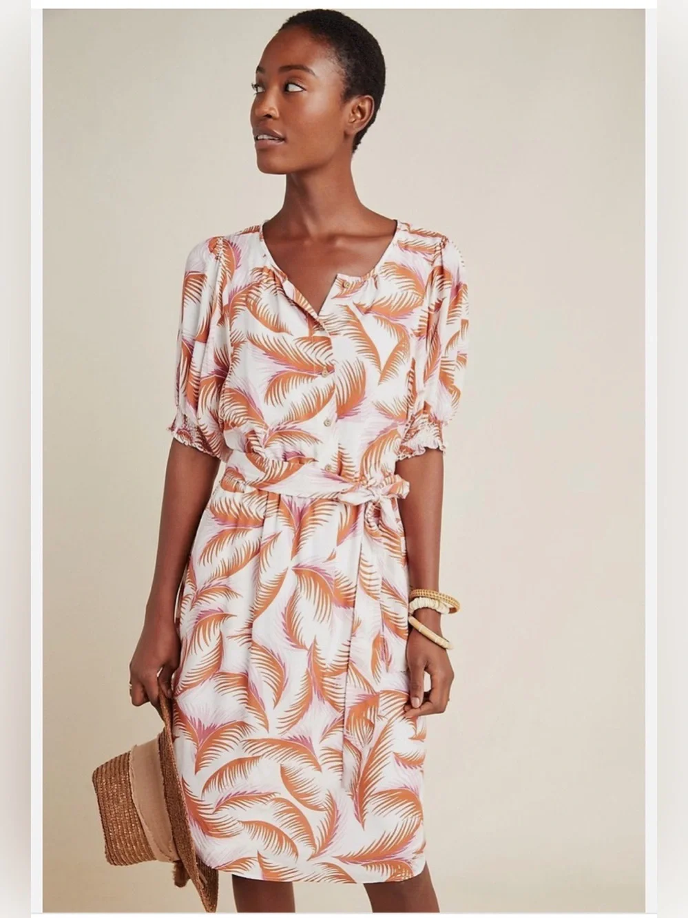 Anthropologie Nicole Linen Puff Sleeve Feathers Ivory Shirt Dress